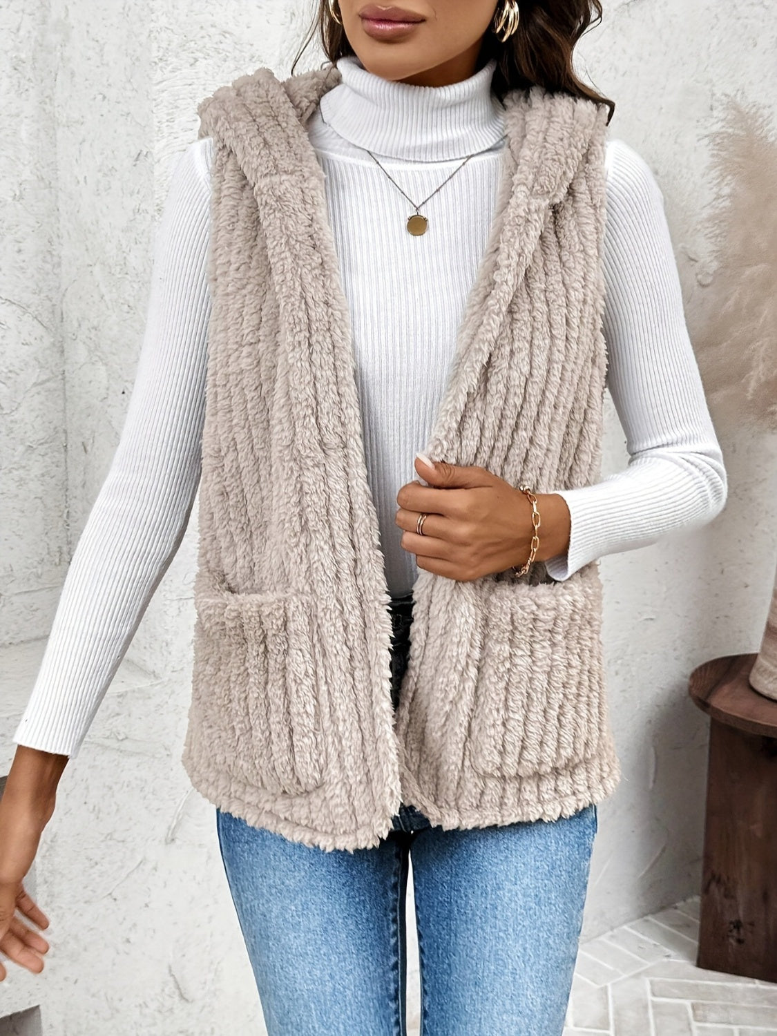 Fuzzy Hooded Vest with Pockets - felvior