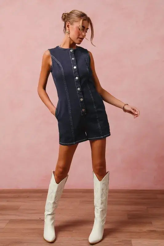 SO ME Button Up Front Washed Denim Sleeveless Romper