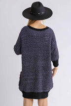 Umgee Full Size Ribbed Hem Round Neck 3/4 Sleeve Sweater Dress with Pockets Plus Size