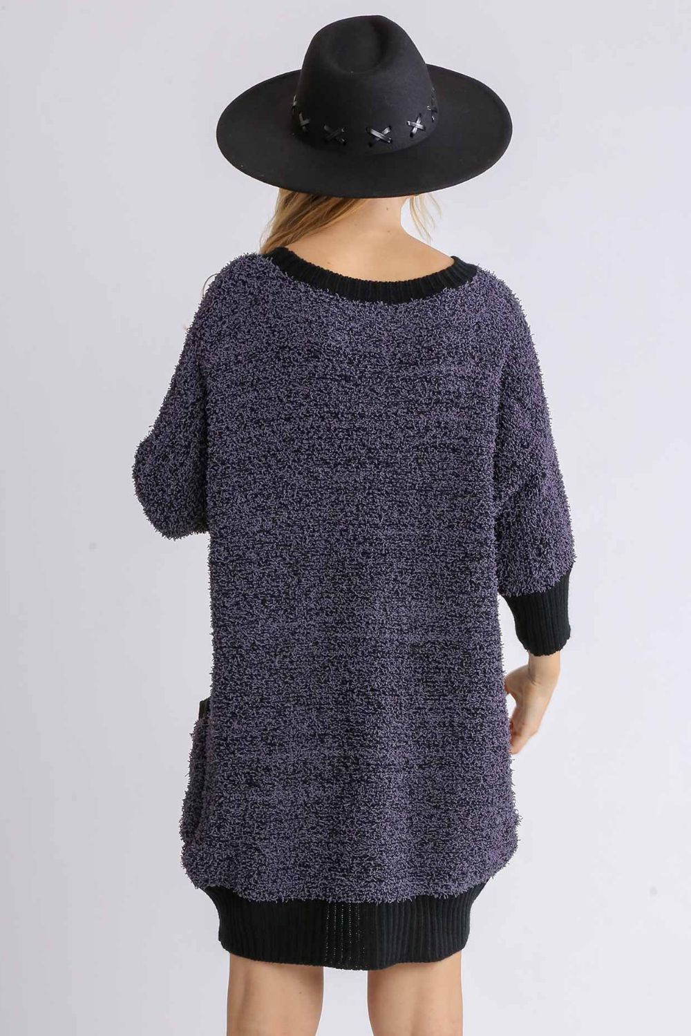 Umgee Full Size Ribbed Hem Round Neck 3/4 Sleeve Sweater Dress with Pockets Plus Size