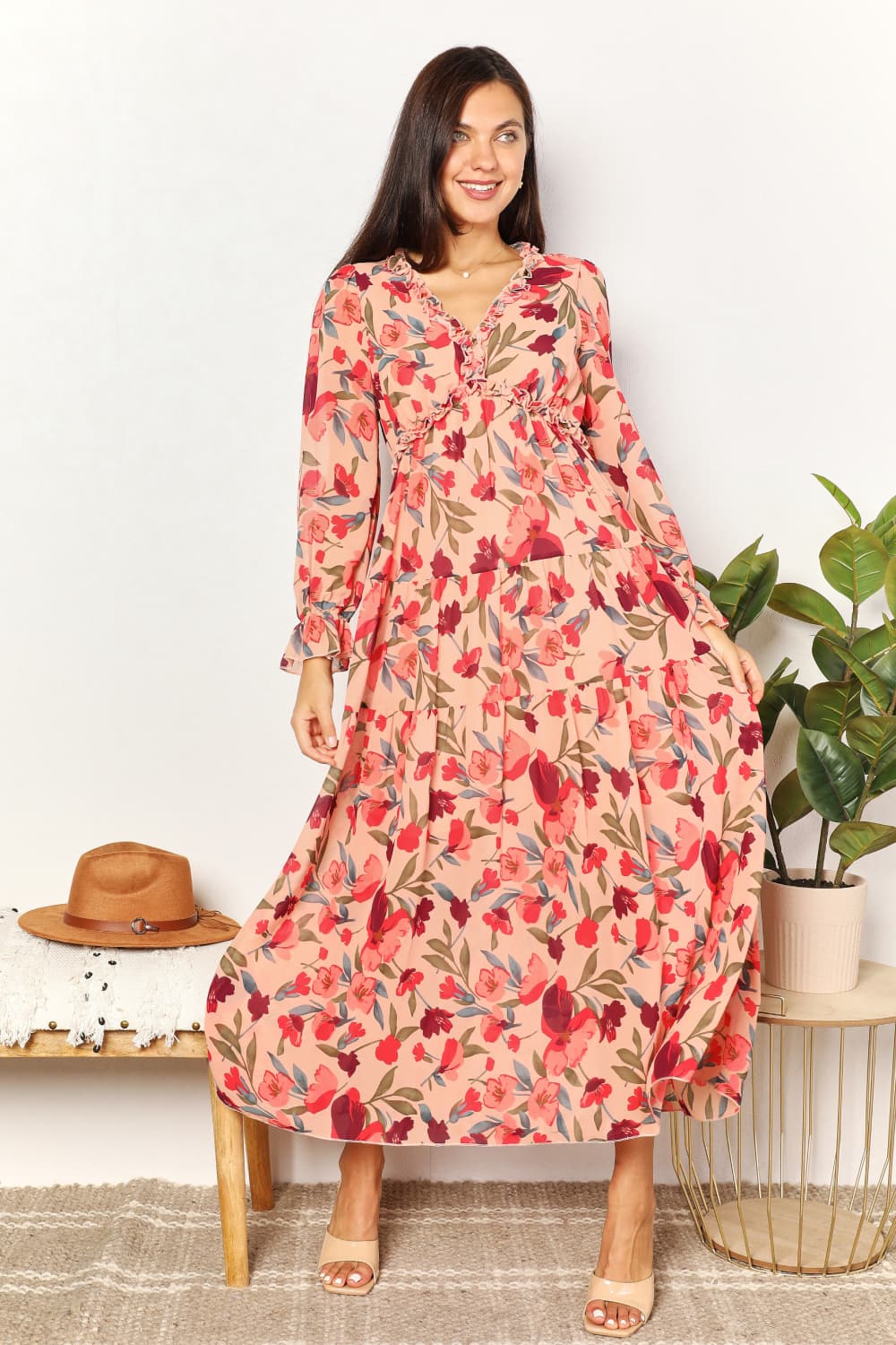 Double Take Floral Frill Trim Flounce Sleeve Plunge Maxi Dress - felvior