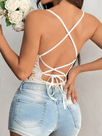 Lace Detail Crisscross Back Spaghetti Strap Bodysuit