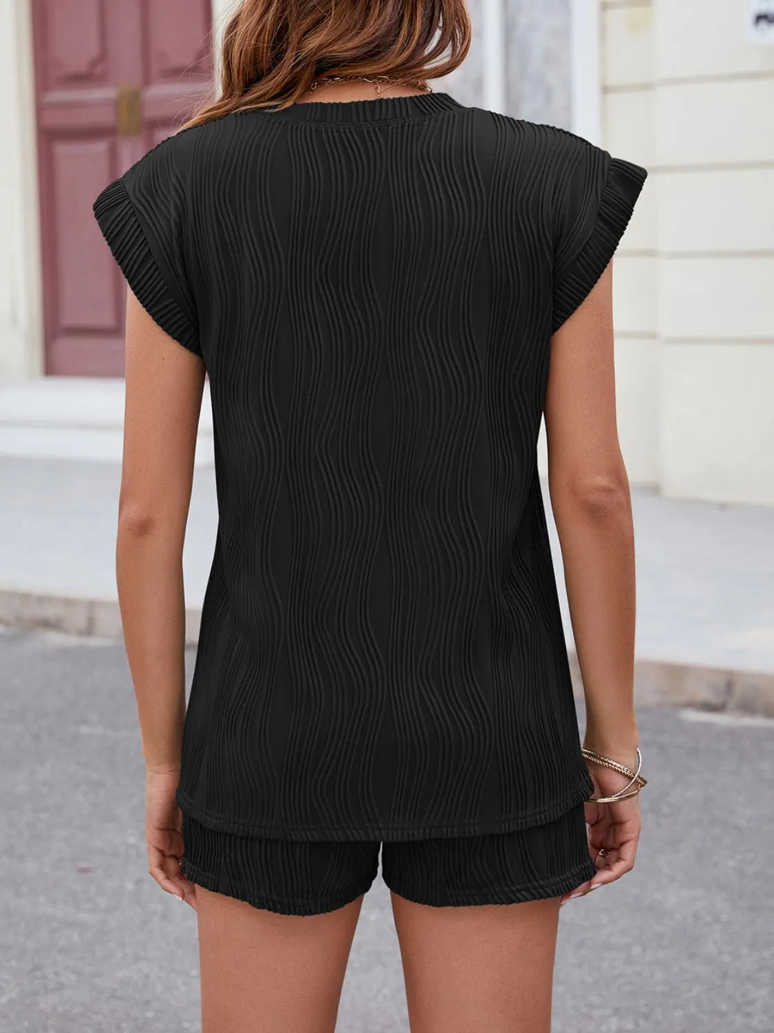 Textured Round Neck Cap Sleeve Top and Shorts Set - felvior