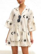 Printed Collared Neck Three-Quarter Sleeve Mini Dress