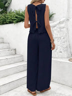 Tie Back Round Neck Top and Pants Set