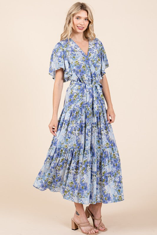 Mittoshop Floral Tie Waist Flutter Sleeve Tiered Dress - felvior