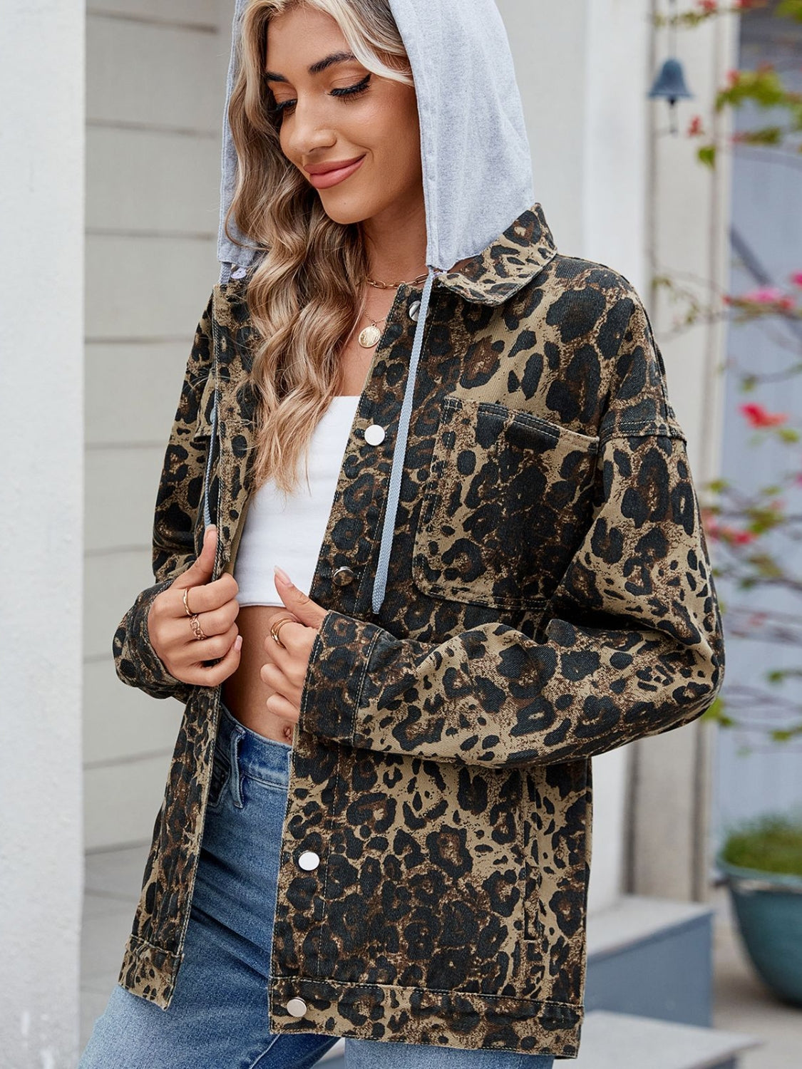 Pocketed Leopard Long Sleeve Denim Jacket - felvior