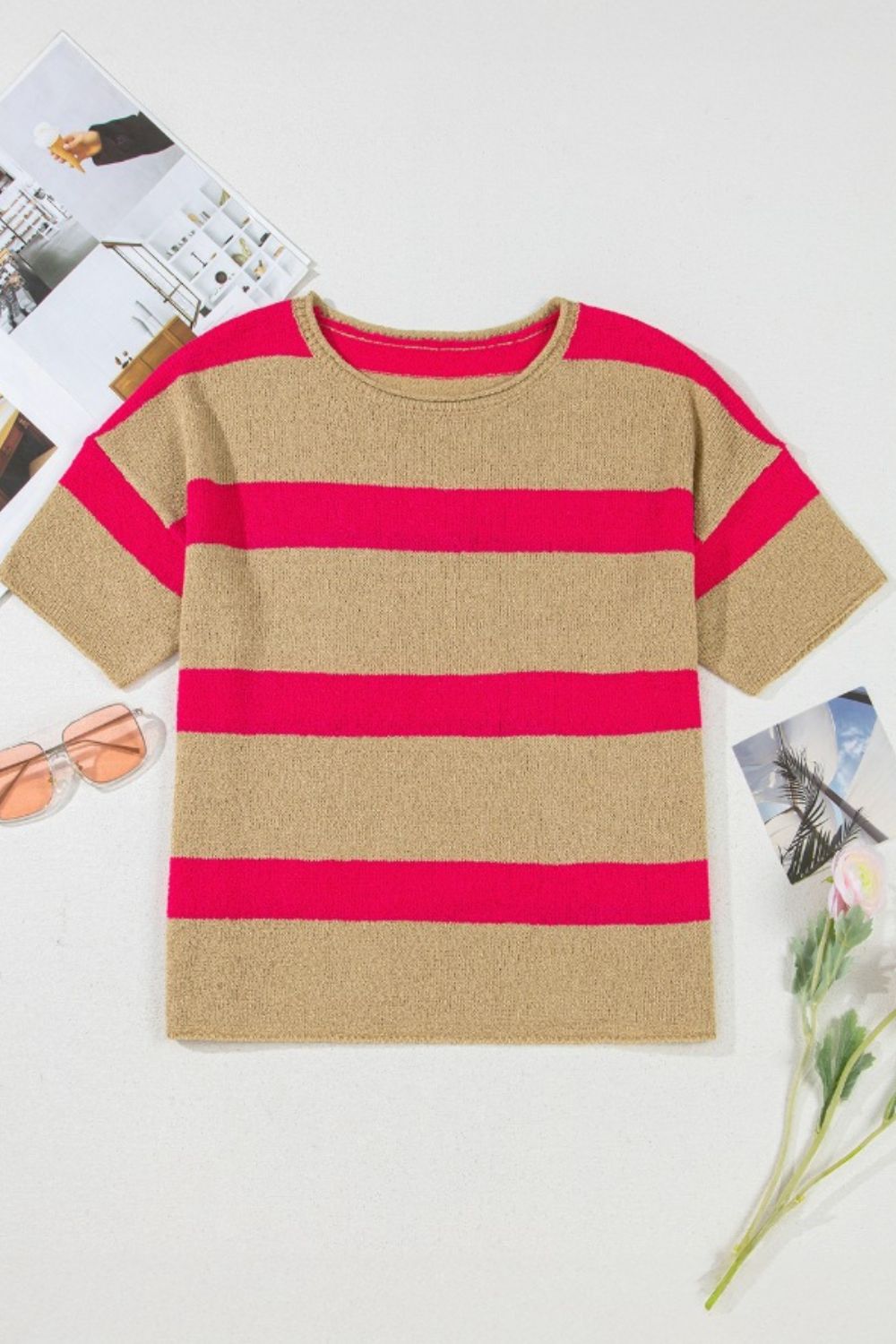 Contrast Striped Crew Neck Lightweight Knit Top