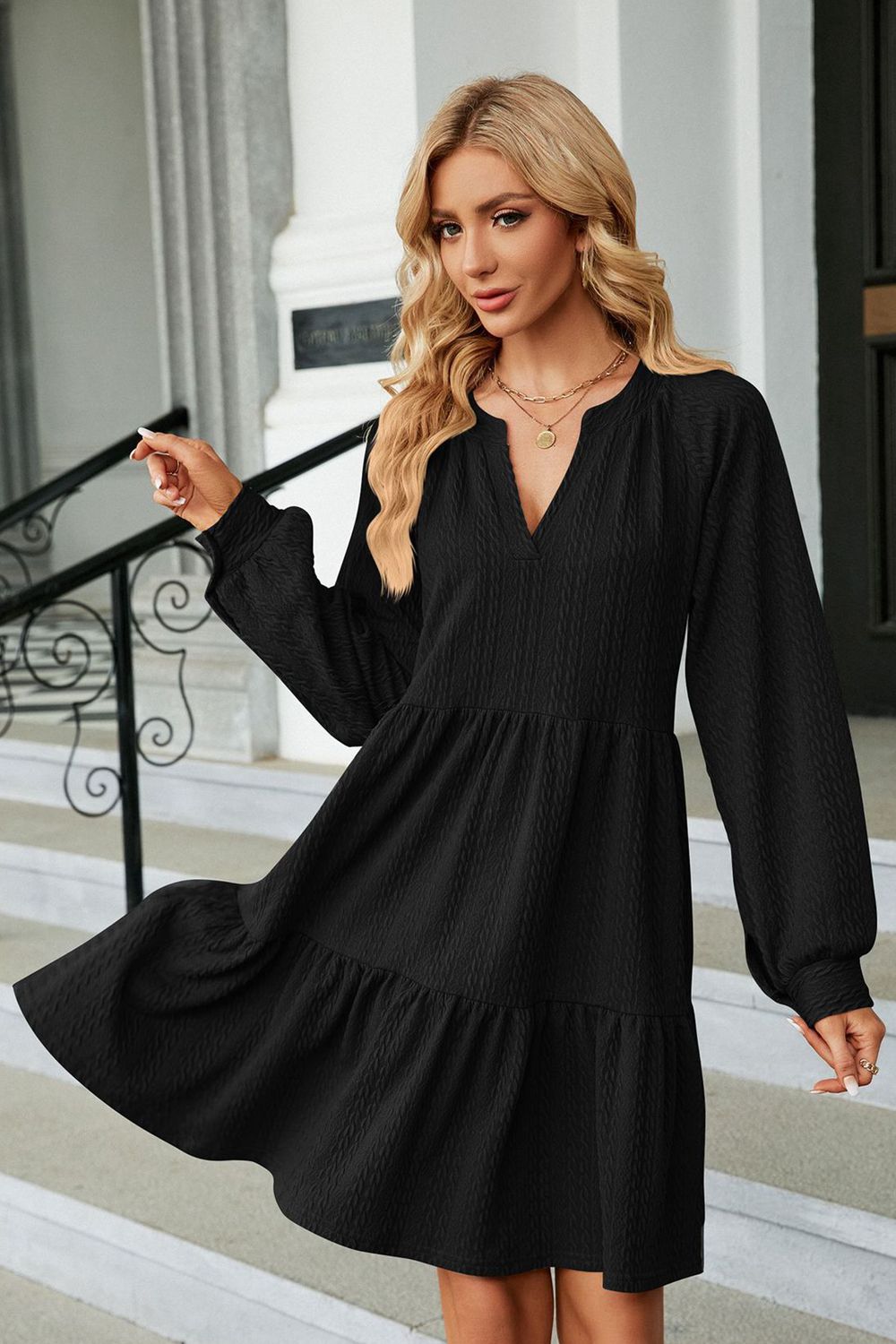 Notched Neck Long Sleeve Mini Dress - felvior