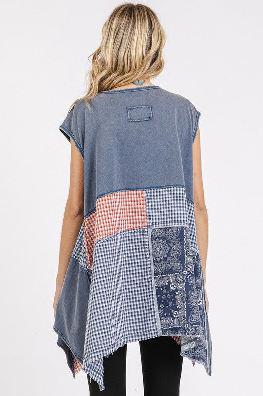 Mittoshop Patchwork Mineral Washed Round Neck Cap Sleeve Top Zweitbild