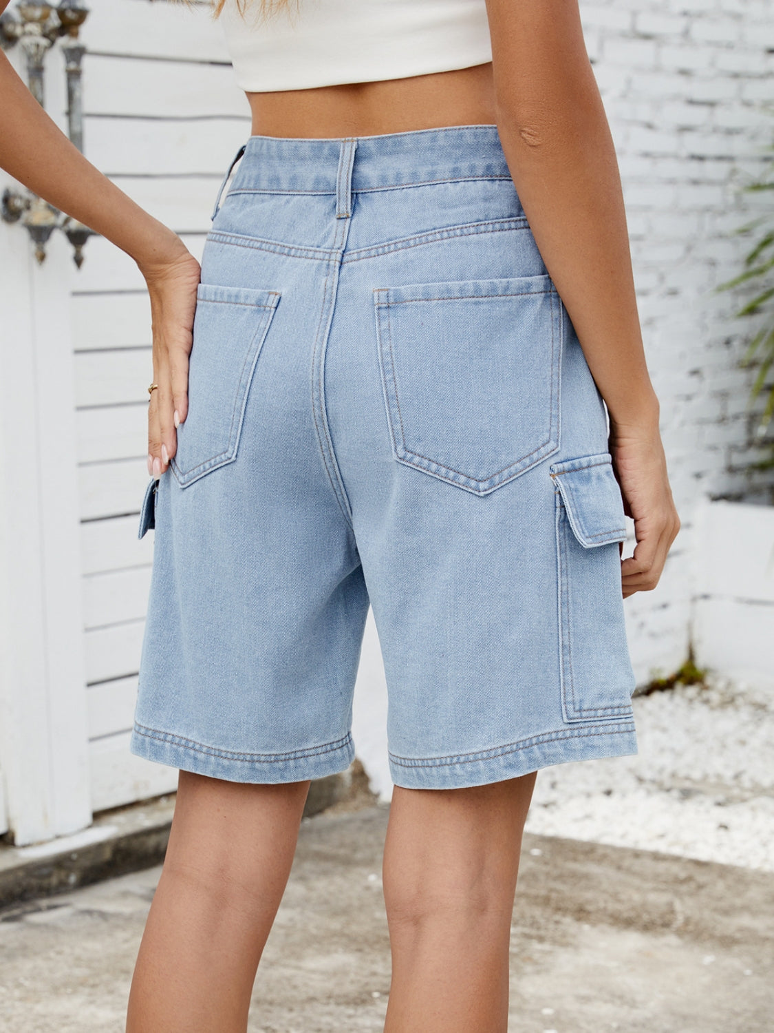 High Waist Denim Shorts with Cargo Pockets - felvior