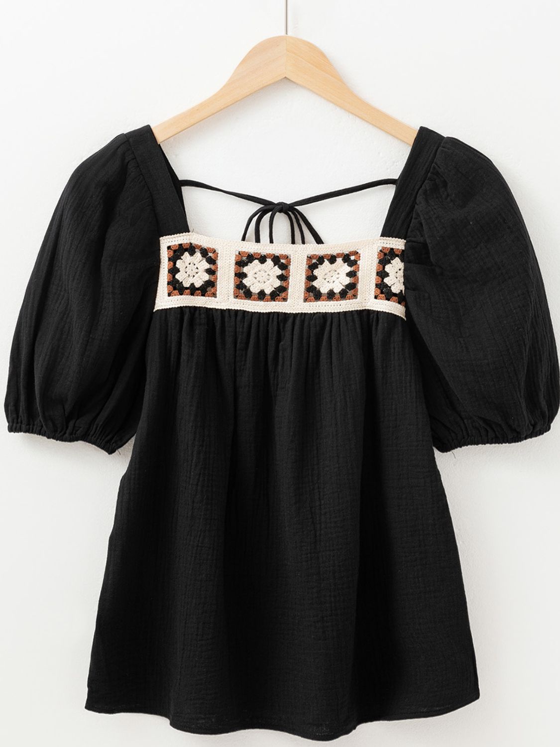 Flower Crochet Square Neck Puff Sleeve Blouse - felvior