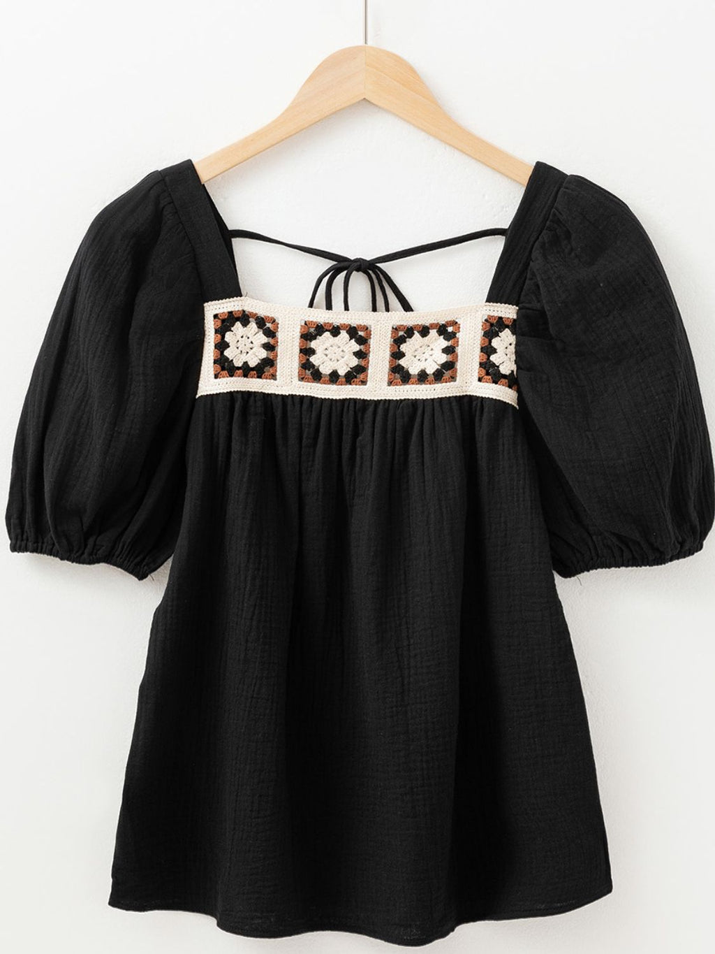 Flower Crochet Square Neck Puff Sleeve Blouse