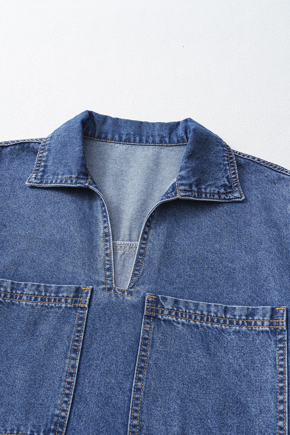 Short Sleeve Collared Patched Pocket Denim Mini Dress