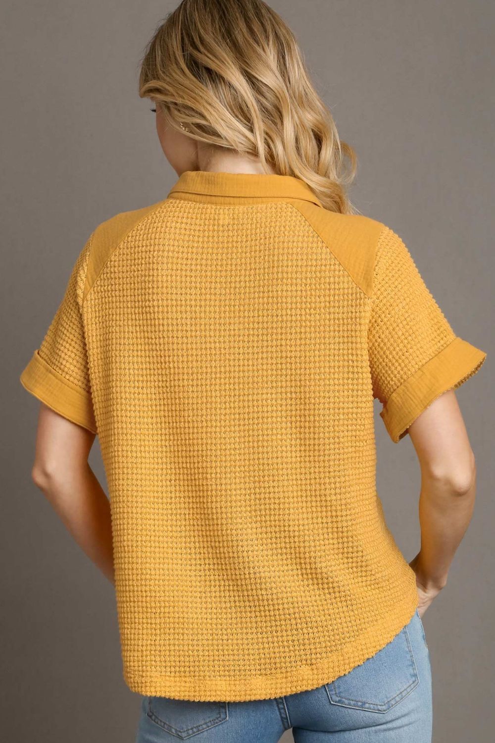 Umgee Full Size Waffle-Knit Short Sleeve Button Down Shirt Plus Size Secondary image