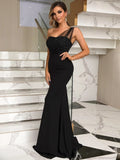 Rhinestone One-Shoulder Formal Dress - felvior