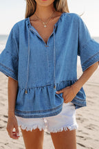 Tie Neck Ruffled Half Sleeve Denim Top
