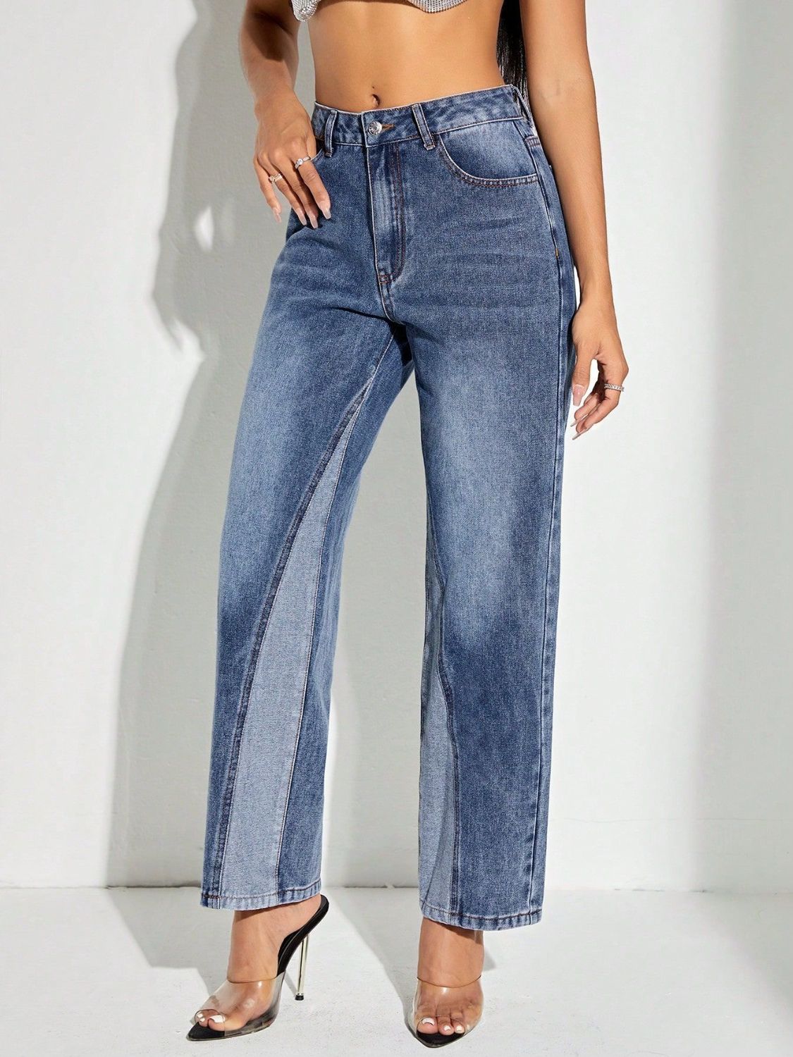 Contrast Patchwork Straight Jeans with Pockets Hauptbild