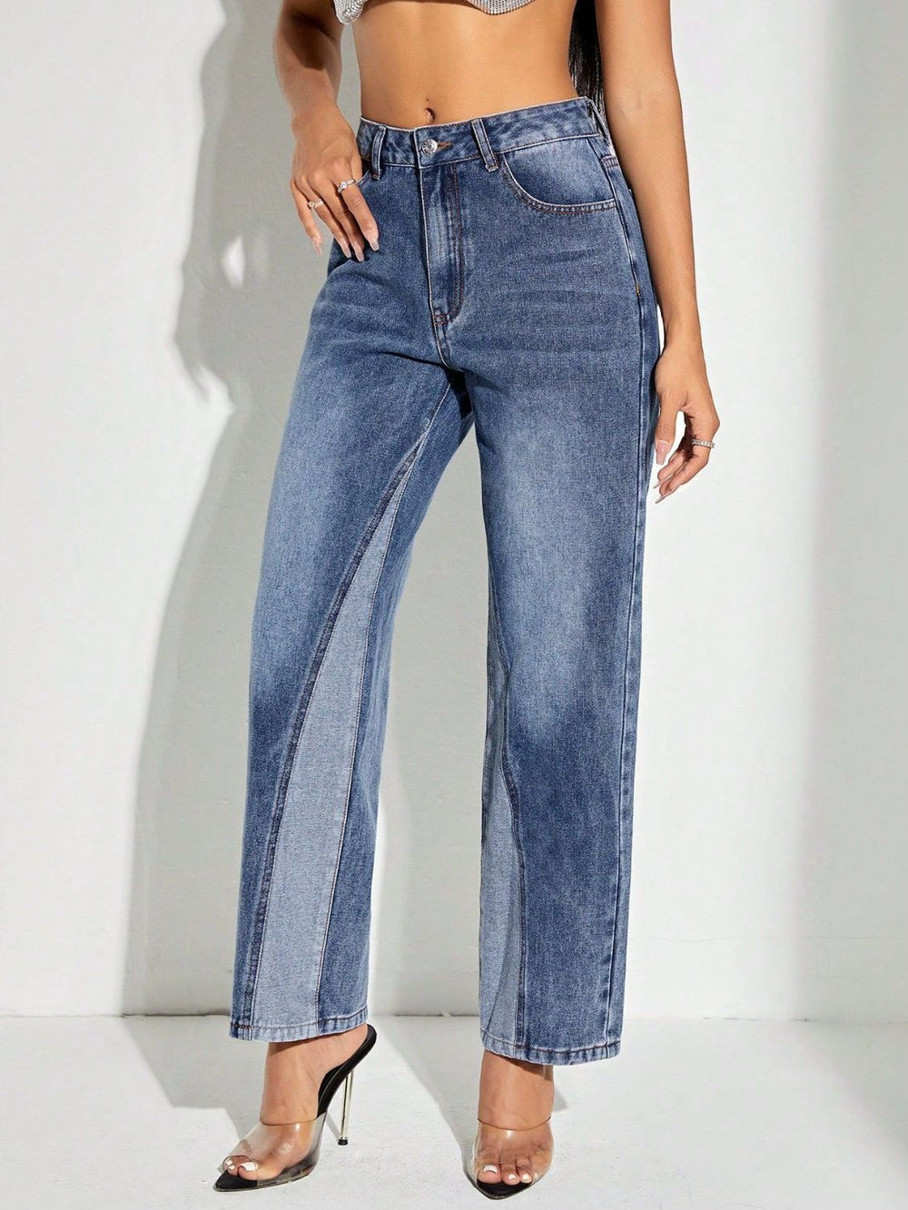 Contrast Patchwork Straight Jeans with Pockets - felvior