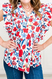 Ruffled Printed V-Neck Cap Sleeve Blouse - felvior