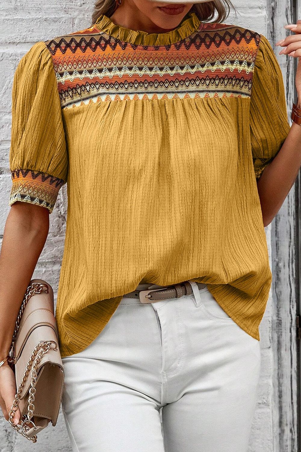 Geometric Frill Mock Neck Short Sleeve Blouse