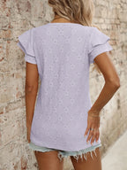 Eyelet V-Neck Ruffled Cap Sleeve Top