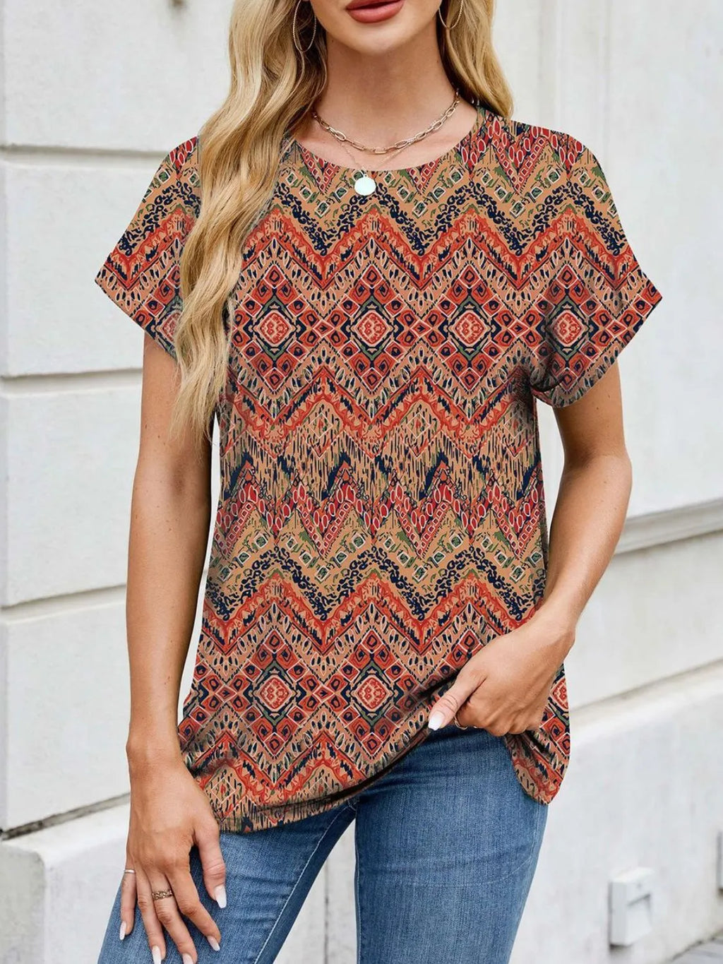 Printed Round Neck Short Sleeve Top