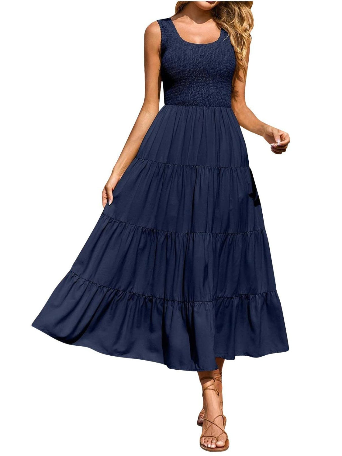 Tiered Smocked Wide Strap Dress - felvior