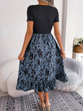 Printed Round Neck Ruffle Hem Dress - felvior