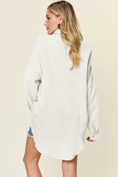 Double Take Full Size Pocketed Texture Button Up Shirt - felvior