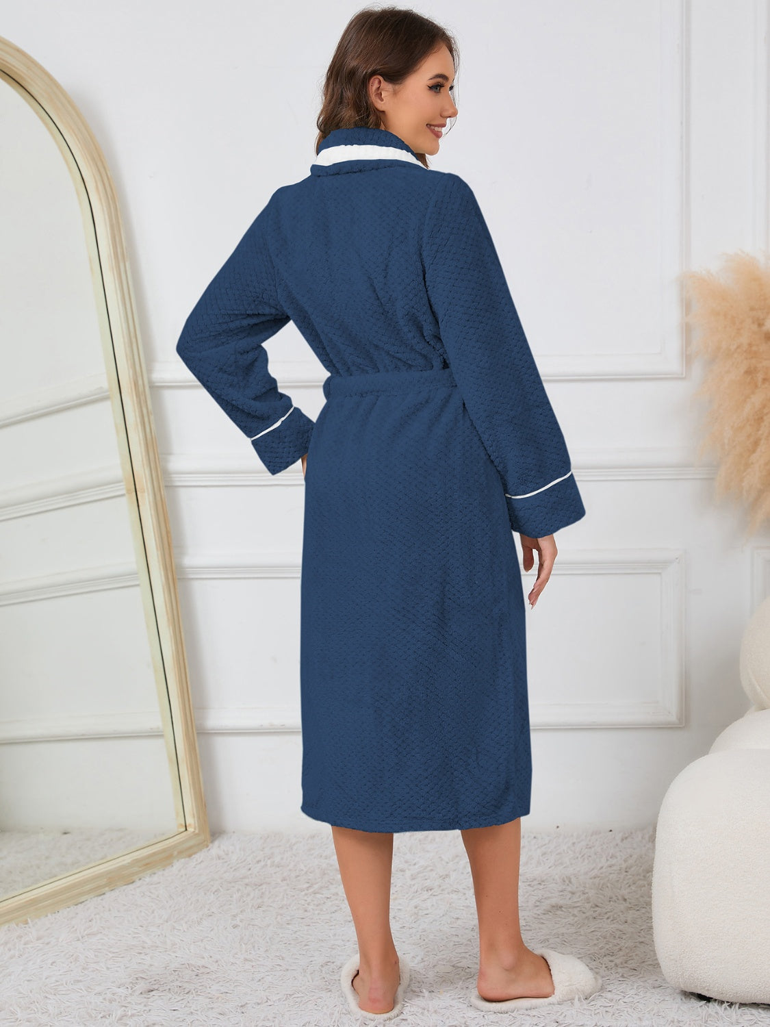 Contrast Trim Tie Waist Lounge Nightgown with Pockets - felvior