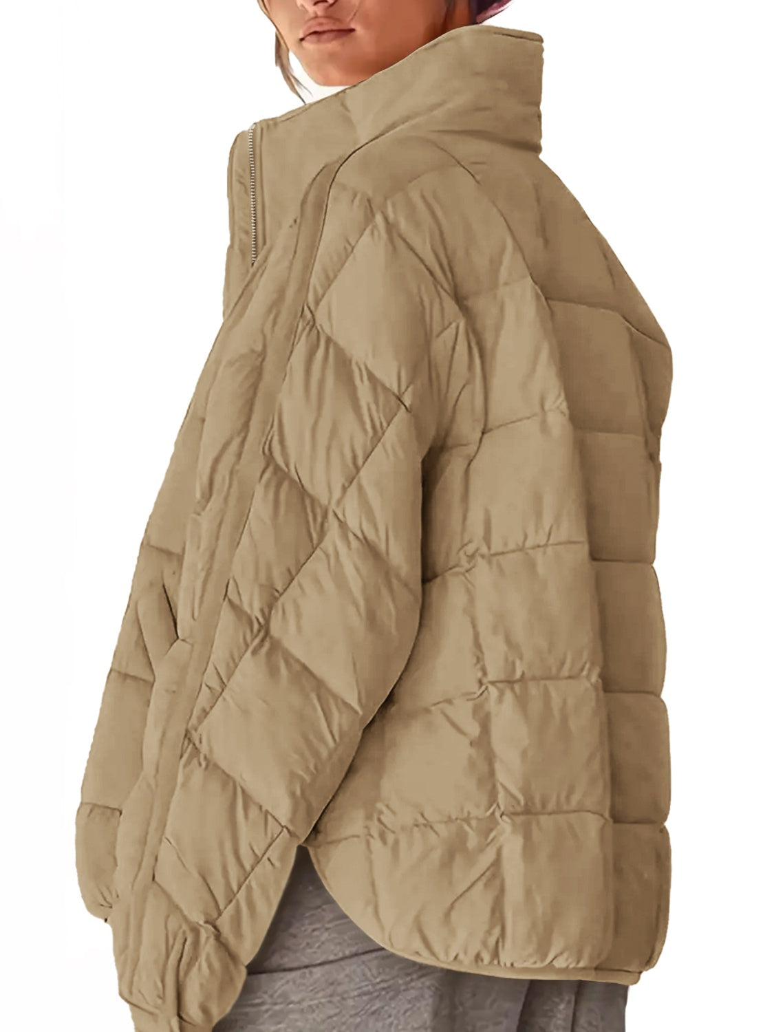 Pocketed Plaid Quilted Zip Up Winter Coat - felvior