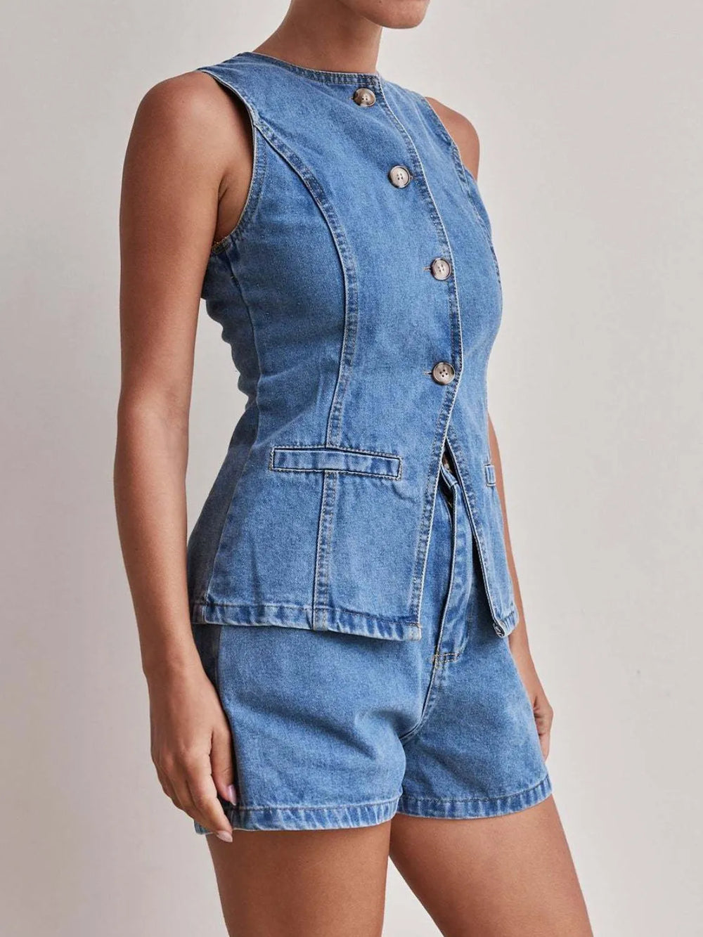 Button Down Vest and Shorts Denim Set