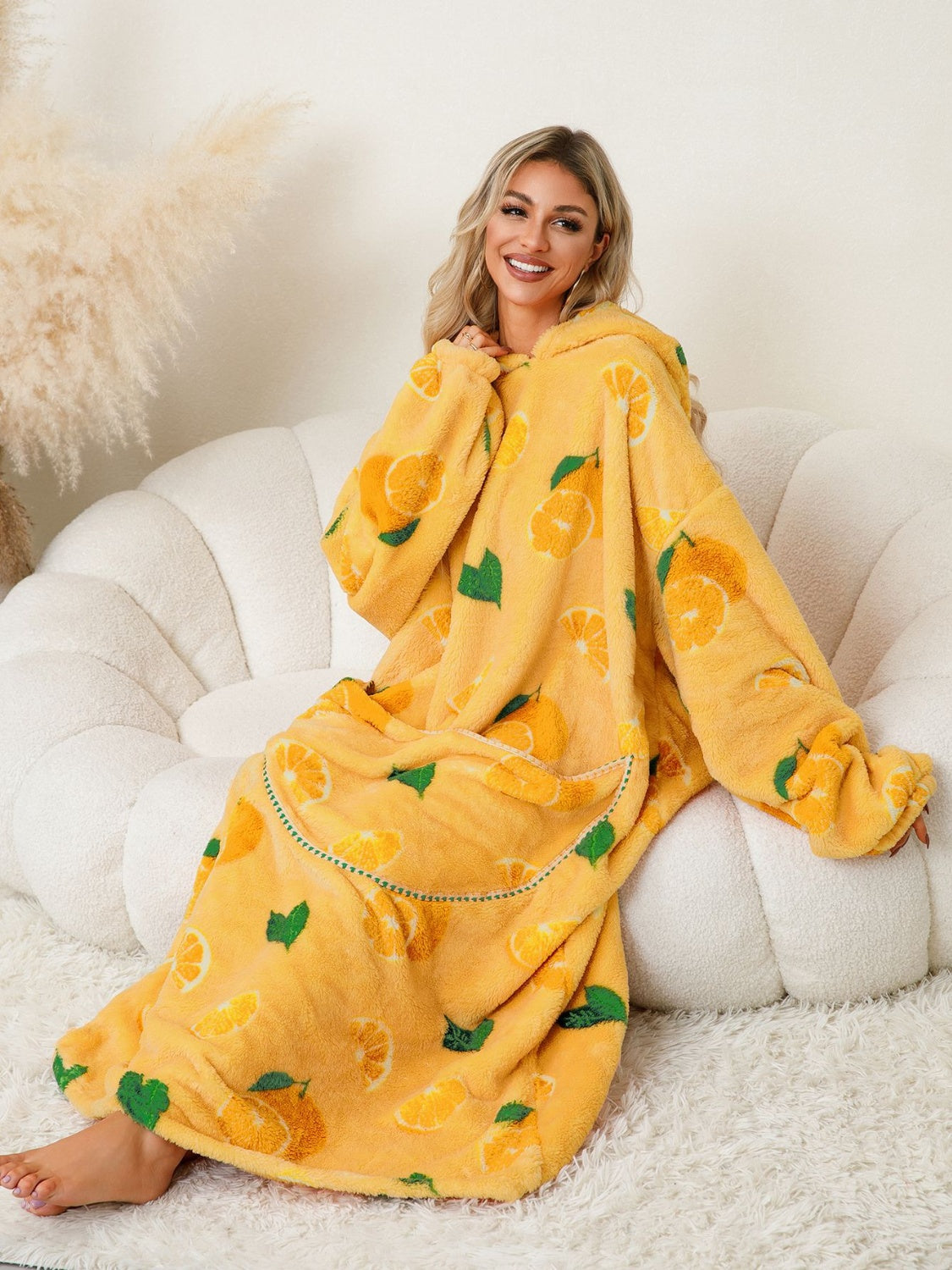Fuzzy Pocketed Long Sleeve Hooded Lounge Dress - felvior