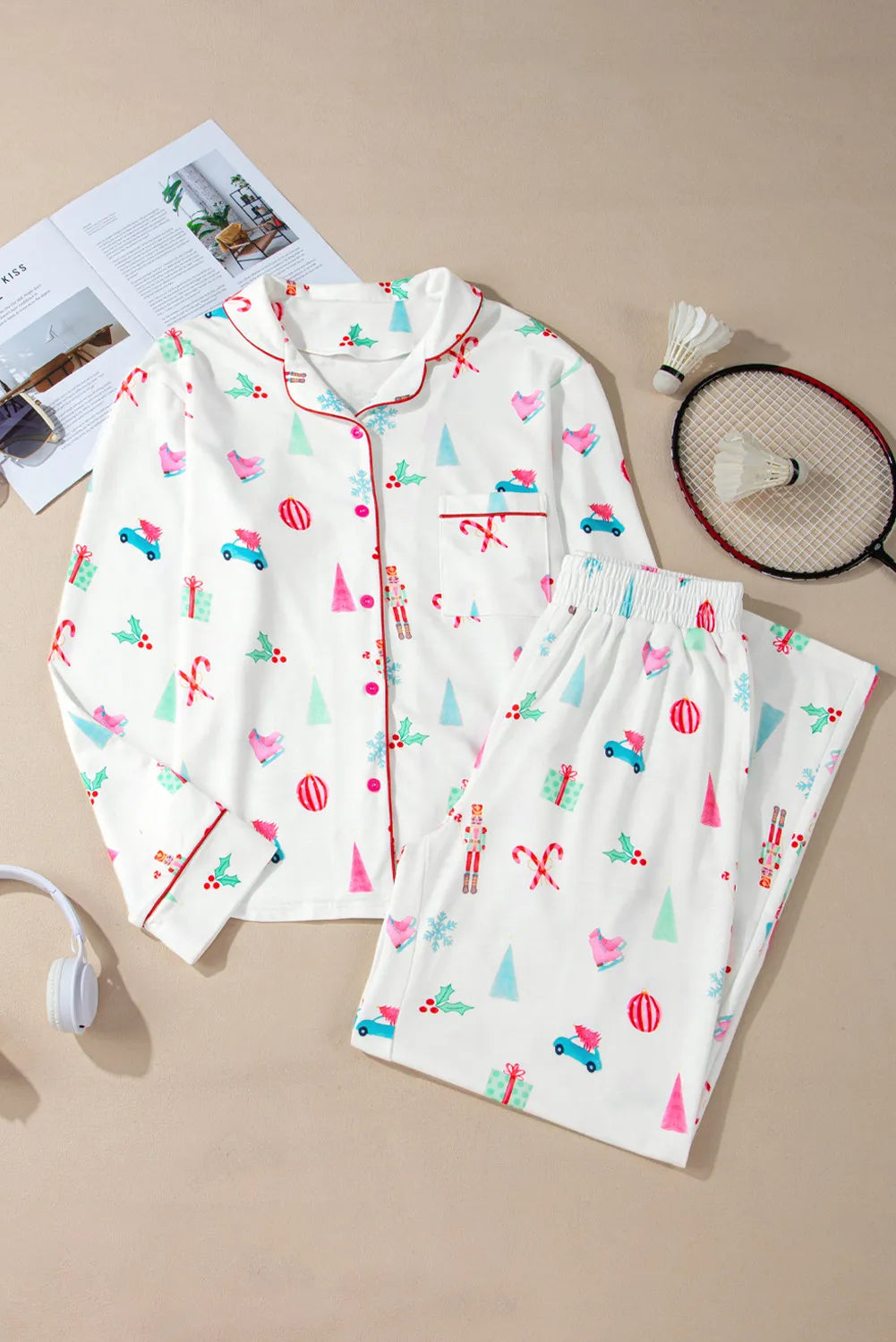 Printed Collared Neck Long Sleeve Top and Pants Lounge Set - felvior