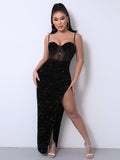Sequin Spliced Mesh Adjustable Strap Dress - felvior