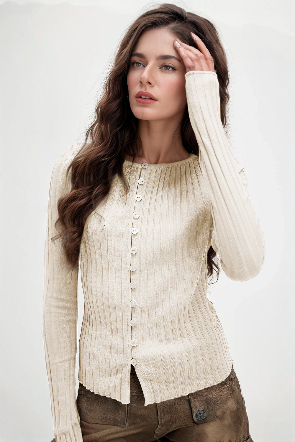 Basic Bae Texture Button Up Round Neck Long Sleeve Top - felvior