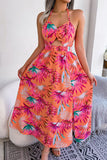 Botanical Print Tied Backless Cutout Slit Dress - felvior