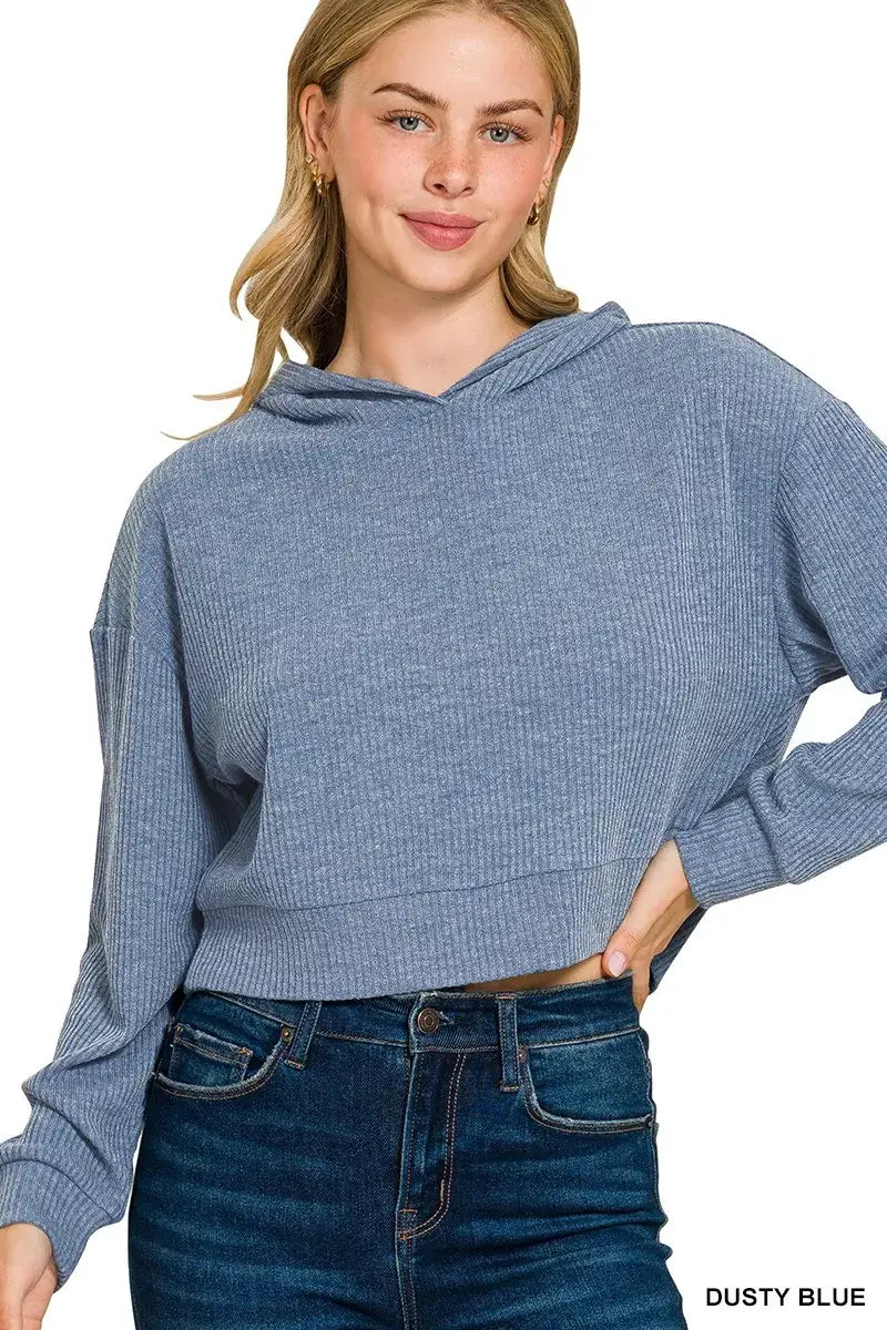 Zenana Drop Shoulder Ribbed Crop Hoodie Image principale du produit