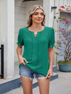 Eyelet Notched Short Sleeve Top