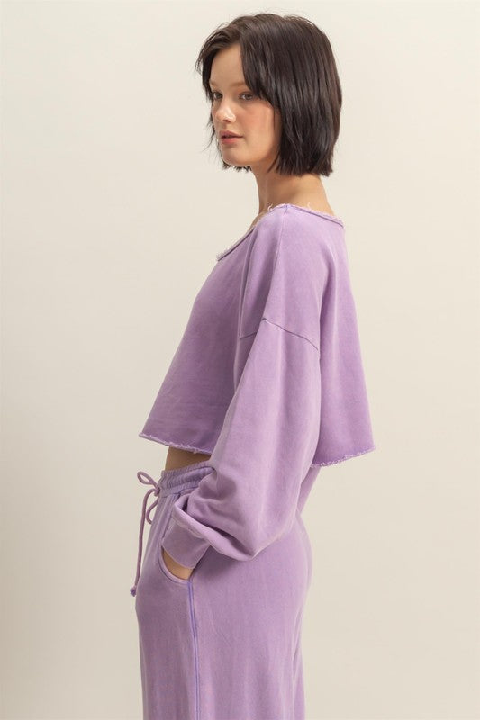 HYFVE Frayed Detail Boat Neck Long Sleeve Crop Top - felvior