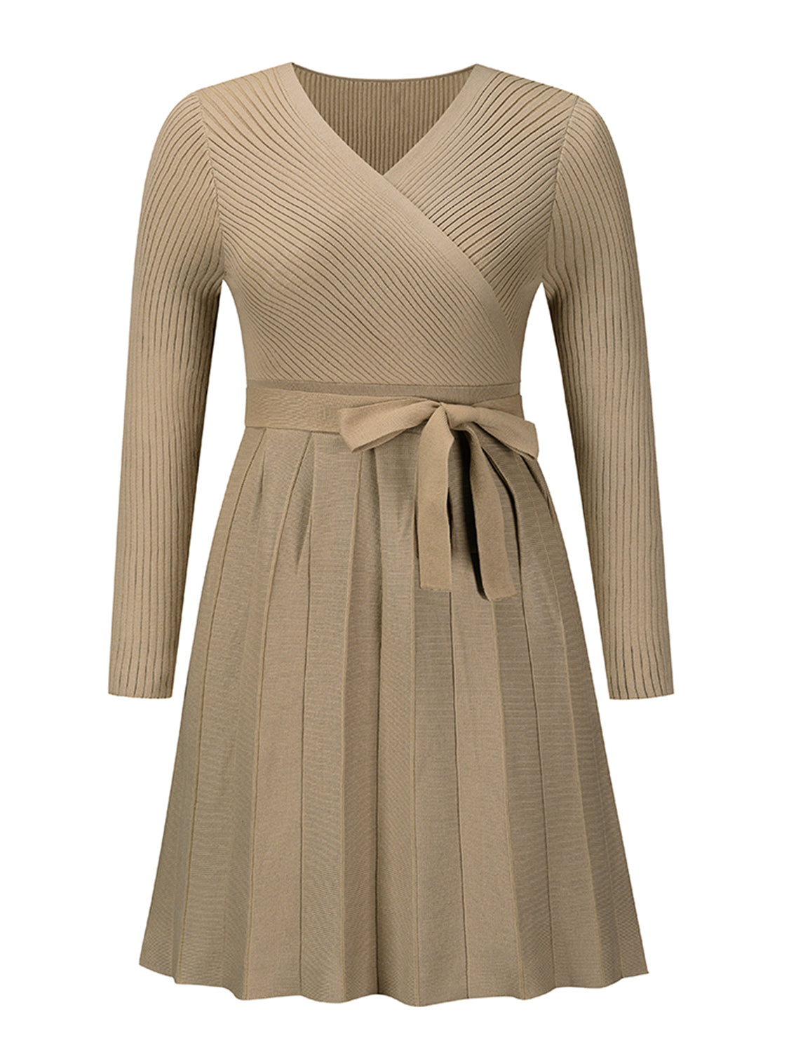 Surplice Neck Tie Front Pleated Sweater Dress - felvior