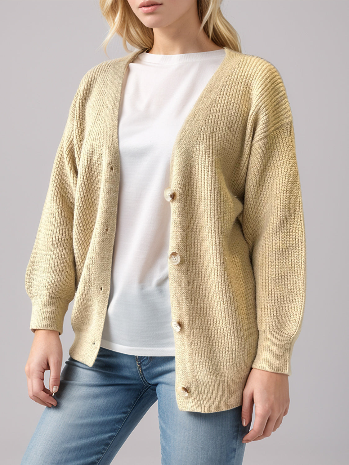 Button Down V-Neck Long Sleeve Cardigan - felvior