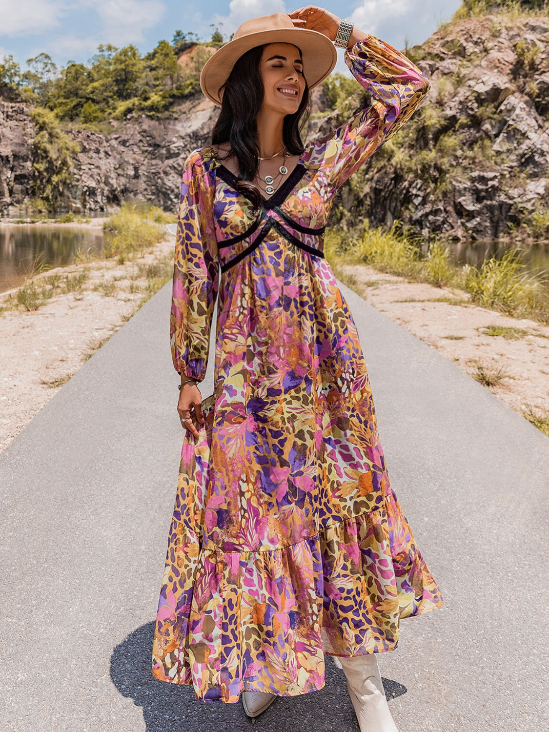 Printed V-Neck Long Sleeve Dress - felvior