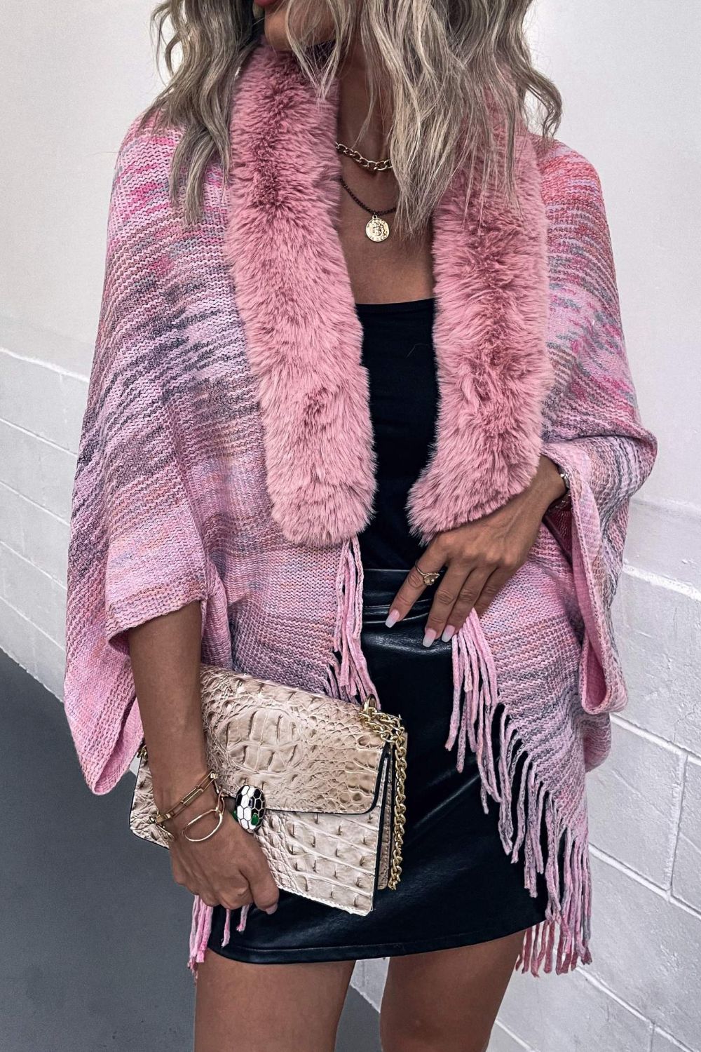 Open Front Fringe Hem Poncho - felvior