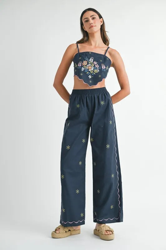MABLE Linen Embroidered Scarf Top and Pants Set - felvior