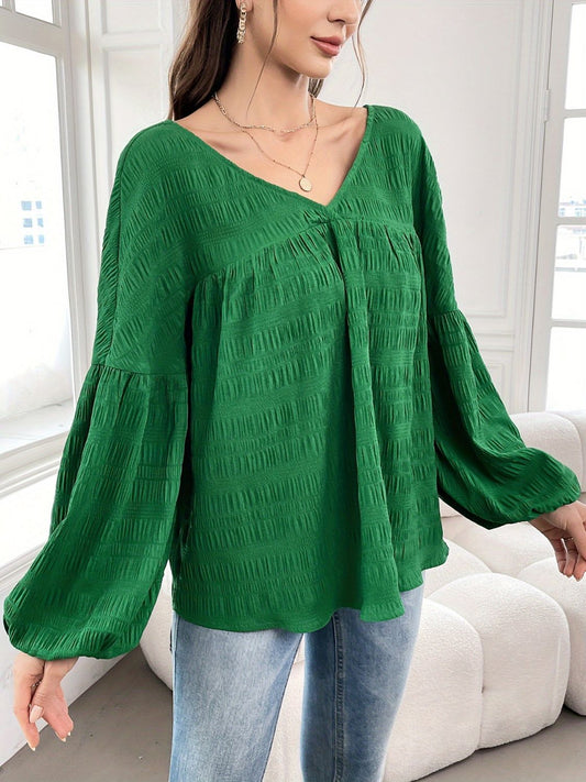 Plus Size Texture V-Neck Long Sleeve Top - felvior