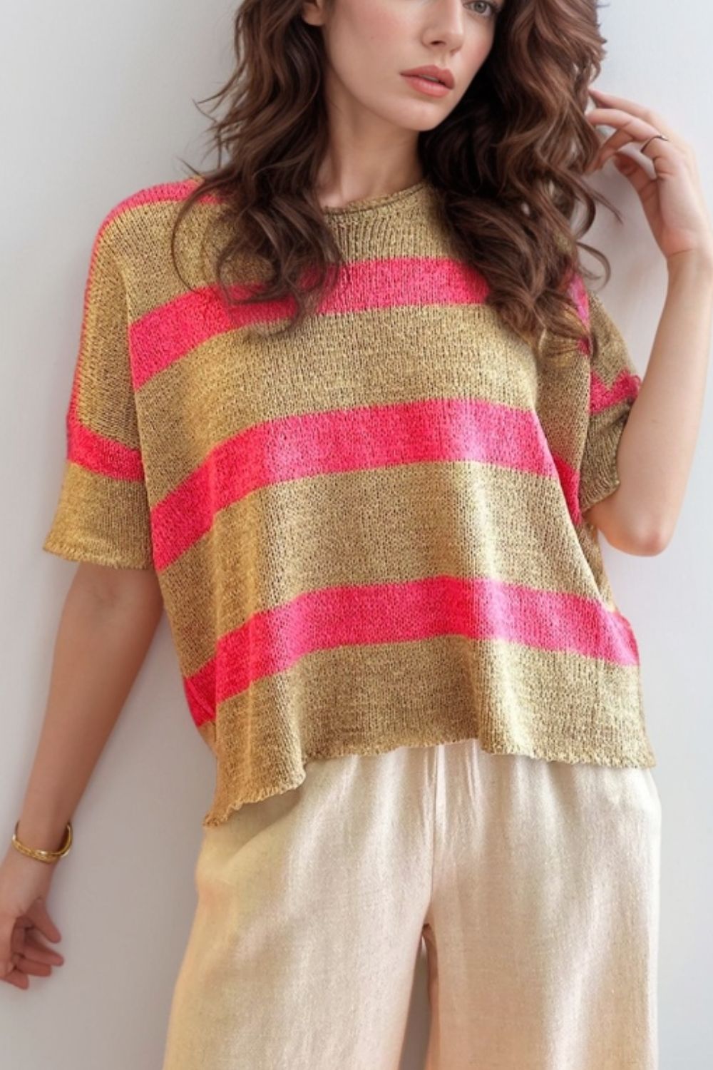 Contrast Striped Crew Neck Lightweight Knit Top - felvior