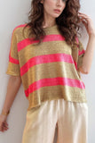 Contrast Striped Crew Neck Lightweight Knit Top - felvior