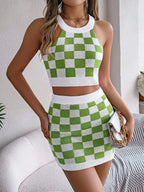 Checkered Grecian Neck Cami and Skirt Sweater Set